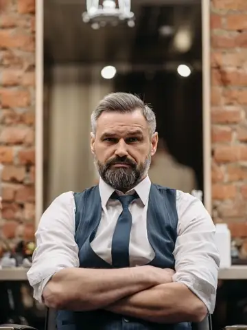 Ein Barbier mit grauem Bart und Weste, die Arme verschränkt