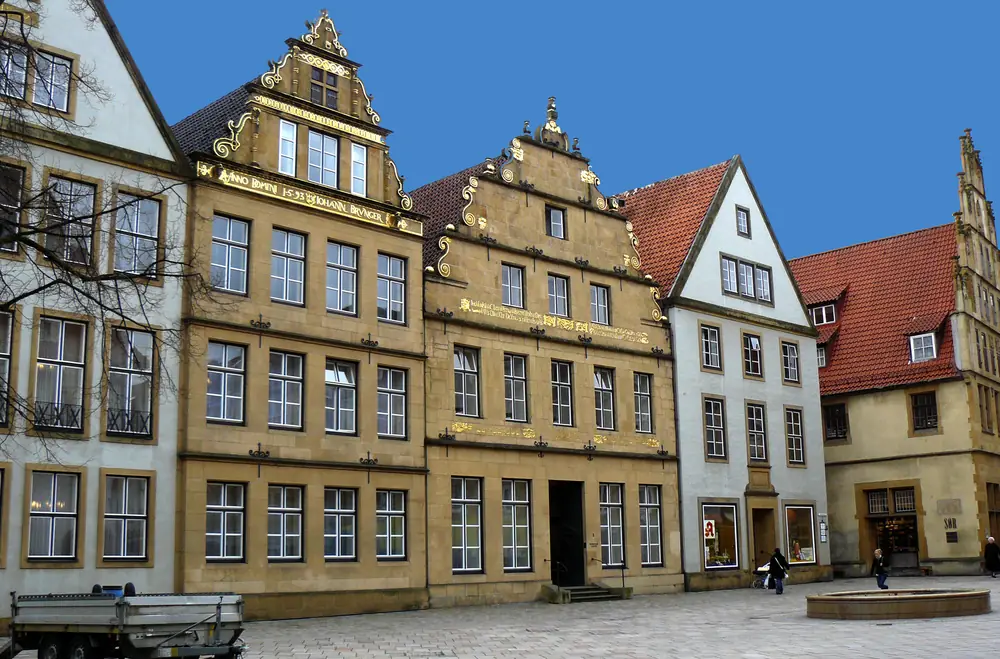 Gabled houses on the Old Market square under a blue sky