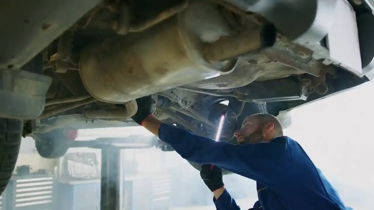 Ein Mechaniker prüft das Fahrwerk eines Autos von unten