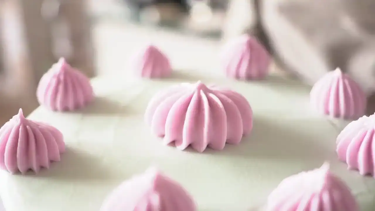 Eine Kirsche wird auf eine rosa Sahnerosette gesetzt